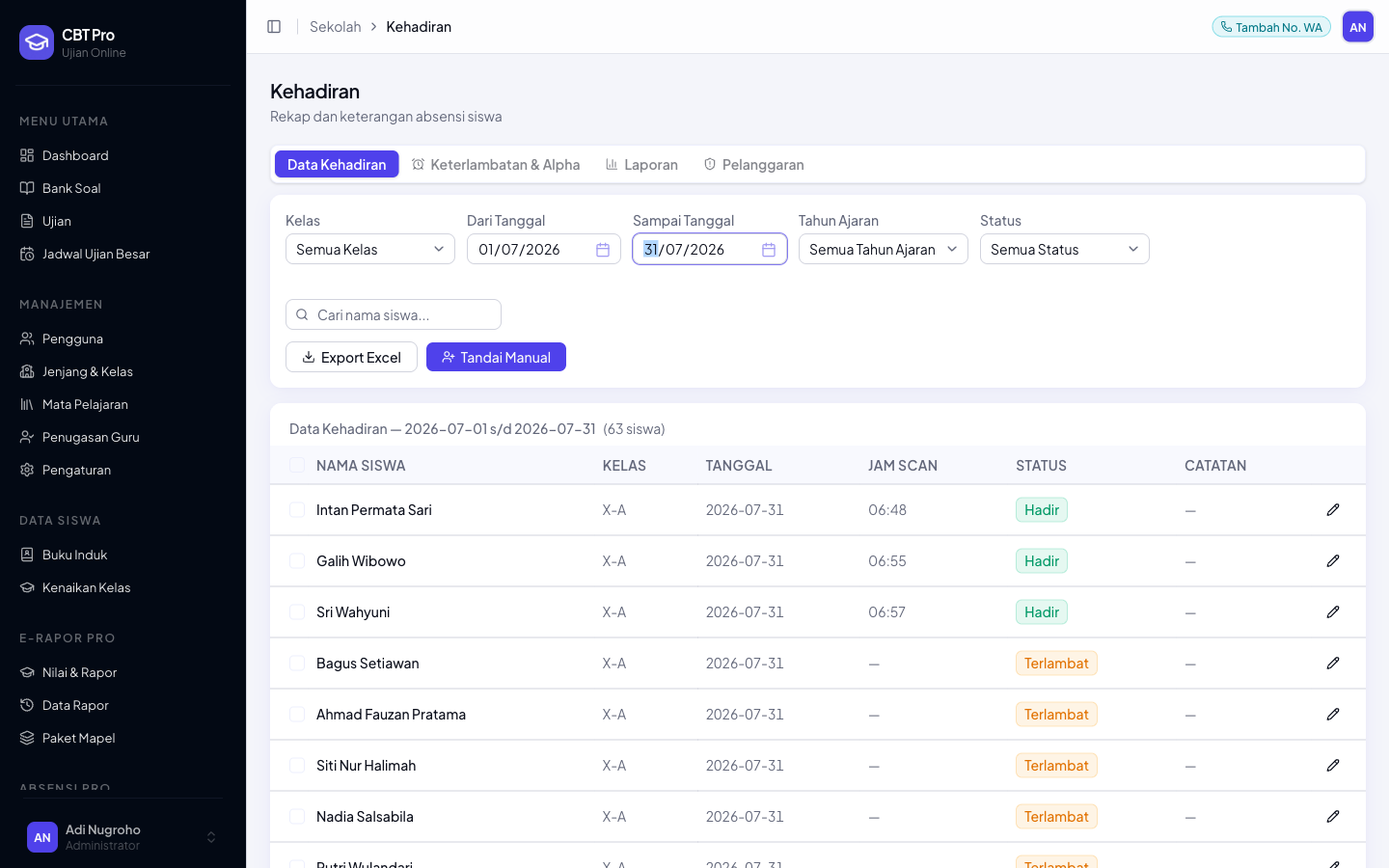 Dashboard Absensi Pro menampilkan status kehadiran siswa real-time dengan validasi QR dan lokasi GPS