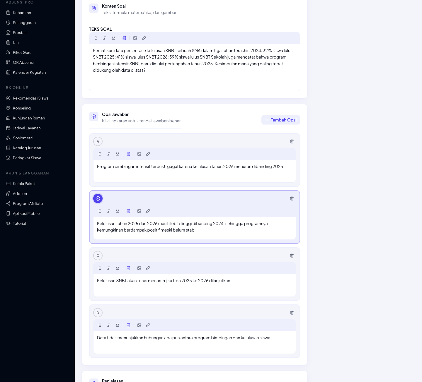 Contoh soal HOTS berbasis interpretasi data di platform CBT Pro, siswa diminta menganalisis grafik sebelum menjawab