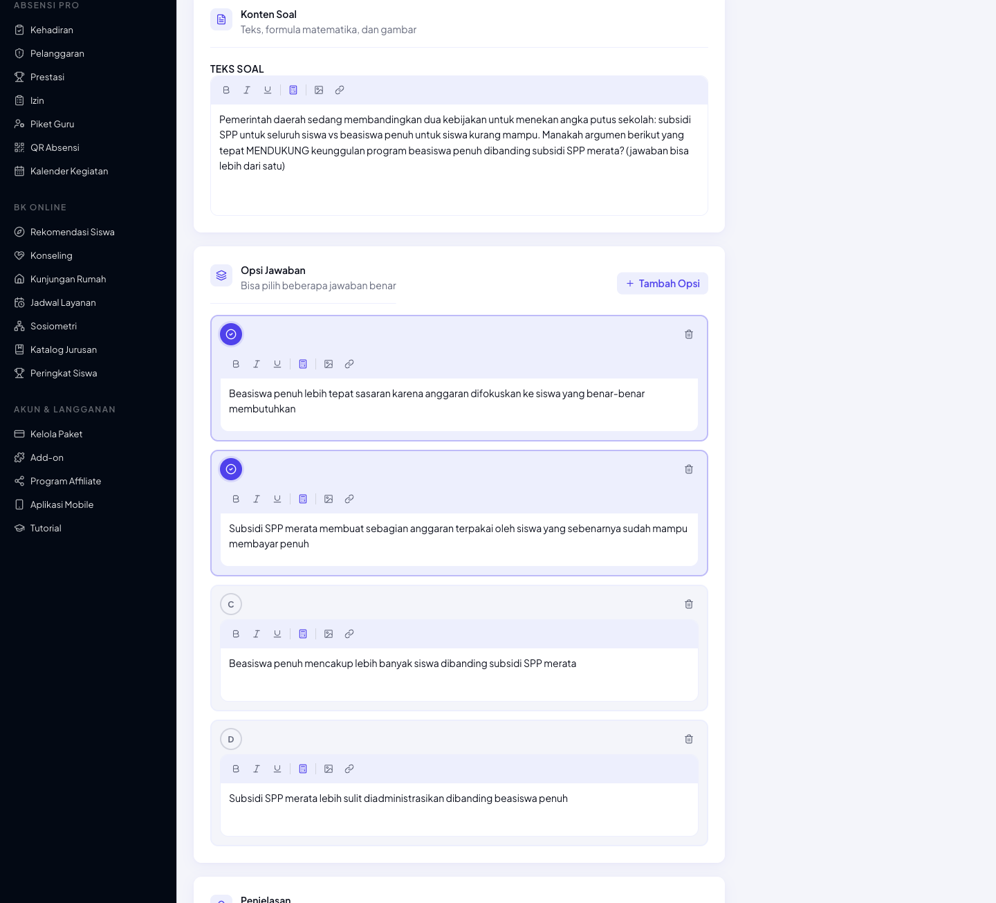 Tampilan soal AKM berbasis stimulus di platform CBT Pro dengan panel teks/tabel di samping soal pernyataan Benar/Salah